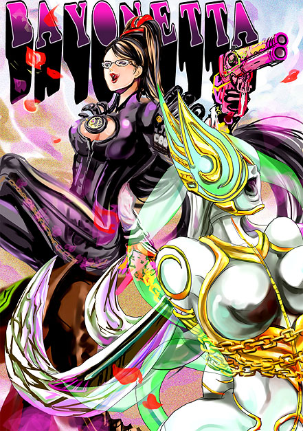 aratako, bunny chariot, bayonetta, joy (bayonetta), bayonetta (series), black hair, bodysuit, breasts, chain, cleavage, cleavage cutout, clothing cutout, glasses, gun, hair bun, long hair, red ribbon, ribbon, single hair bun, very long hair, weapon