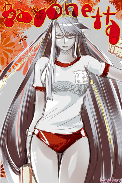 izane, bayonetta, bayonetta (series), black hair, glasses, gym uniform, hair bun, long hair, mole, red ribbon, ribbon, single hair bun, very long hair
