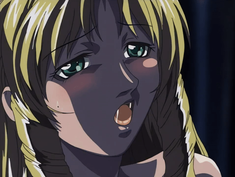 shiraki rika, bible black, bible black night of the walpulgiss, animated, animated gif, tagme, 00s, 2002, blonde hair, blush, drill hair, drill sidelocks, drooling, green eyes, implied sex, long hair, open mouth, sidelocks, solo, yandere