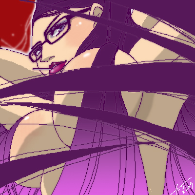 gamena ko, bayonetta, bayonetta (series), lowres, black hair, blue eyes, breasts, glasses, long hair, looking down, oekaki, very long hair