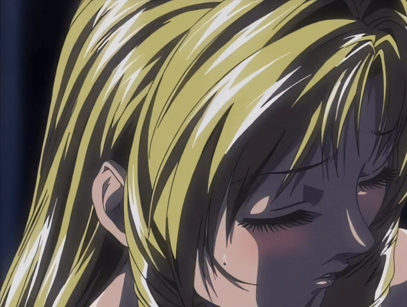 shiraki rika, bible black, bible black night of the walpulgiss, animated, animated gif, anime screenshot, tagme, 00s, 1girl, 2002, blonde hair, blush, drill hair, drill sidelocks, drooling, green eyes, implied sex, long hair, open mouth, shirt, sidelocks, solo