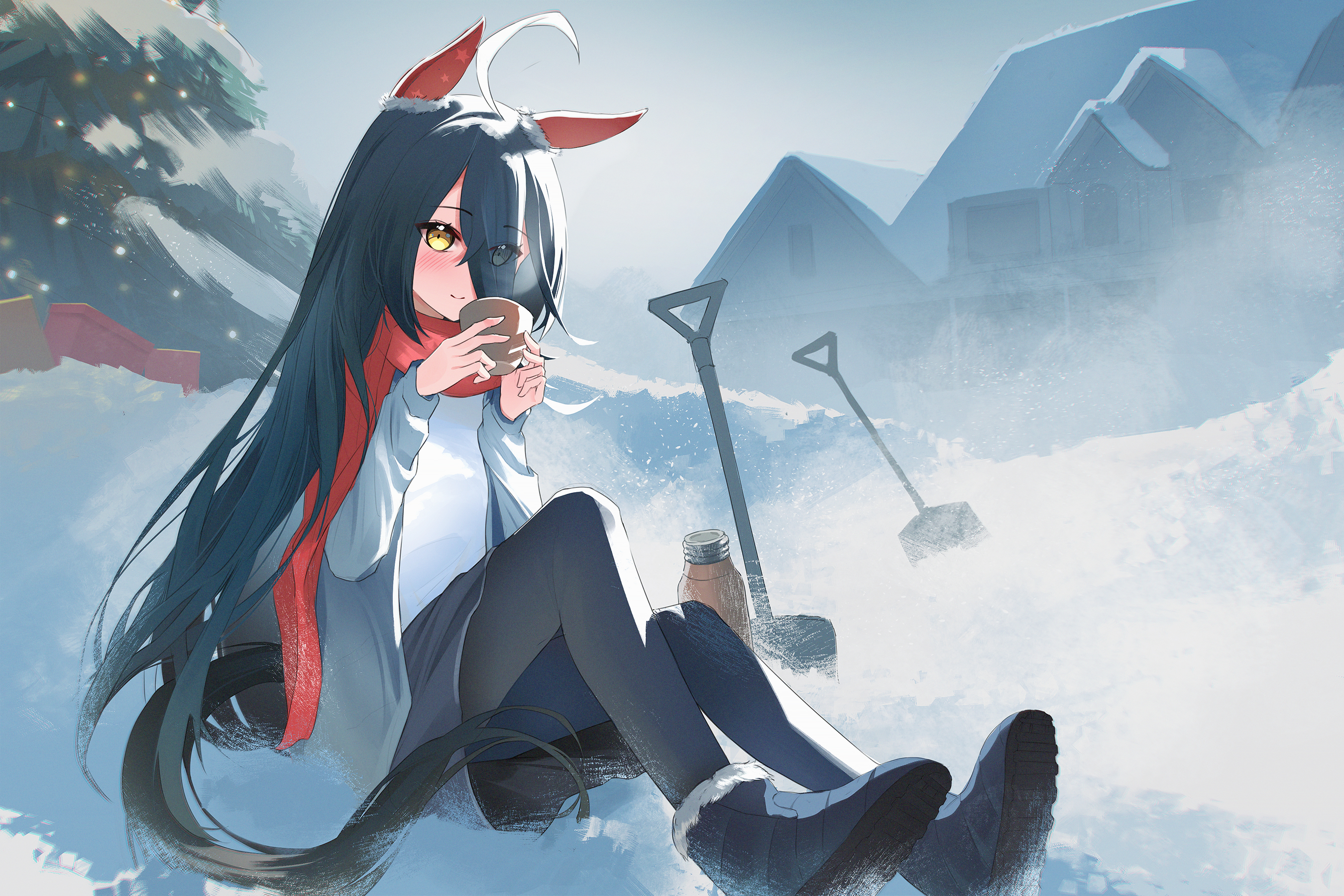 dev grater, manhattan cafe (umamusume), umamusume, commentary, english commentary, highres, 1girl, ahoge, animal ears, black hair, black leggings, black pantyhose, black skirt, blue jacket, blush, boots, closed mouth, cup, ear covers, hair between eyes, horse ears, horse girl, horse tail, jacket, leggings, long bangs, long hair, long hair between eyes, long sleeves, looking at viewer, multicolored hair, open clothes, open jacket, outdoors, pantyhose, red scarf, scarf, shirt, shovel, sitting, skirt, smile, snow, snow shovel, solo, tail, very long hair, white hair, white shirt, yellow eyes