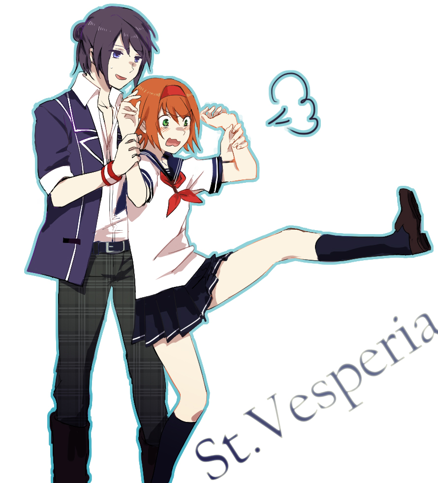 heke, rita mordio, yuri lowell, tales of (series), tales of vesperia, 00s, 1boy, 1girl, black eyes, black hair, brown hair, green eyes, hairband, holding another's wrist, long hair, official alternate costume, school uniform, short hair, smile, standing, standing on one leg, wristband