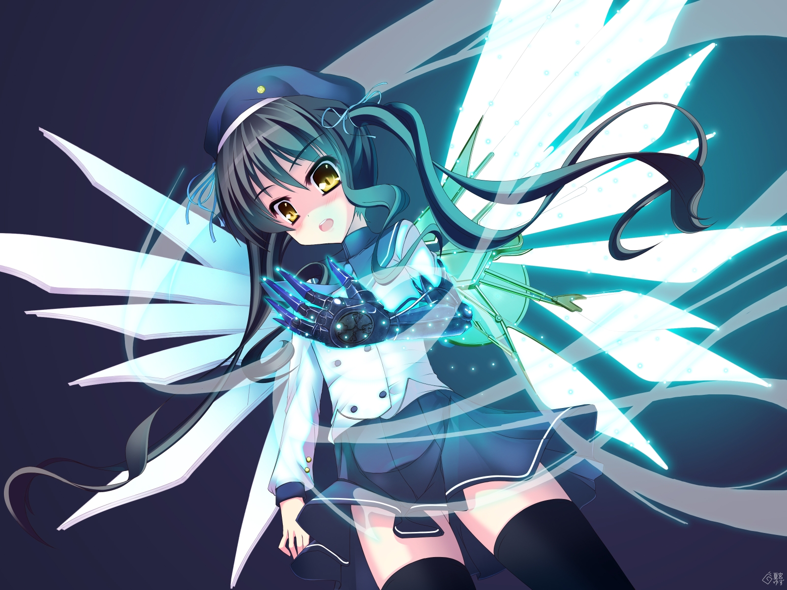 natsumiya yuzu, uniform, highres, 1girl, black hair, female focus, science fiction, skirt, solo, thighhighs, twintails, wings, yellow eyes