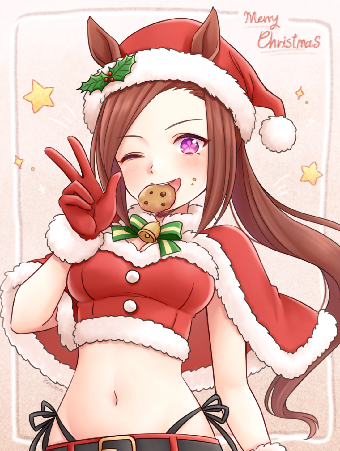 koyomeru, sakura bakushin o (umamusume), umamusume, commentary, english commentary, highres, 1girl, animal ears, belt, black belt, blush, breasts, brown hair, capelet, christmas, cookie, crop top, cropped shirt, dress, ears through headwear, flower in eye, food, food in mouth, food on face, fur-trimmed capelet, fur-trimmed gloves, fur-trimmed headwear, fur trim, gloves, hat, holly, horse ears, horse girl, long hair, looking at viewer, medium breasts, midriff, mouth hold, navel, one eye closed, open mouth, ponytail, purple eyes, red capelet, red gloves, red shirt, red shorts, santa costume, santa hat, shirt, shorts, smile, solo, strapless, strapless dress, symbol in eye, w