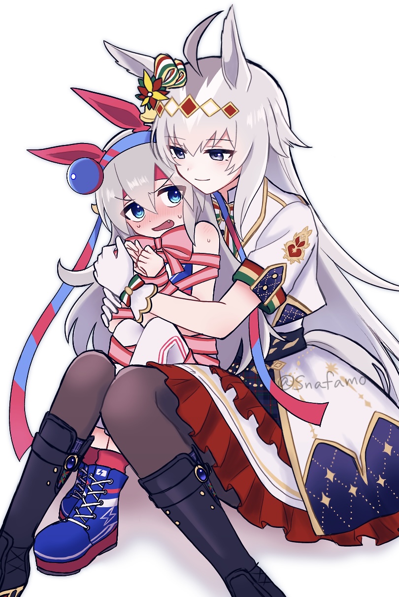 snafamo, oguri cap (miraculous white star) (umamusume), oguri cap (umamusume), tamamo cross (umamusume), tamamo cross (with lightning speed) (umamusume), umamusume, commentary request, highres, 2girls, ahoge, animal ears, bare shoulders, black boots, black pantyhose, blue eyes, blue hairband, blue sports bra, blush, boots, bound, bow, ear covers, fang, gloves, grey hair, grey tail, hair between eyes, hair ornament, hairband, headband, horse ears, horse girl, horse tail, hug, hug from behind, jacket, long hair, multicolored bow, multicolored hairband, multicolored ribbon, multiple girls, nervous sweating, official alternate costume, open mouth, pants, pantyhose, pink ribbon, red headband, red skirt, ribbon, shirt, short sleeves, simple background, skirt, smile, sports bra, striped clothes, striped hairband, sweat, tail, tied up (nonsexual), two-tone hairband, very long hair, white background, white gloves, white jacket, white pants, white shirt, yuri