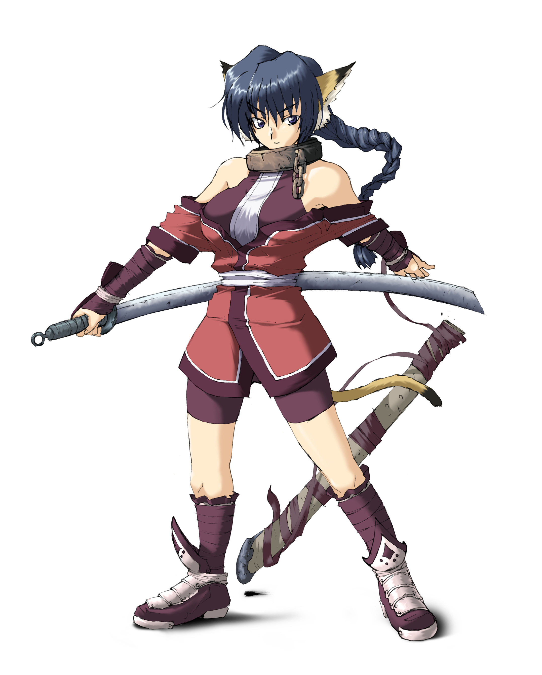 kinoshi, karulau, utawarerumono, absurdres, highres, 00s, 1girl, animal ears, blue hair, braid, cat ears, cat tail, collar, dog ears, female focus, long hair, simple background, solo, sword, tail, weapon