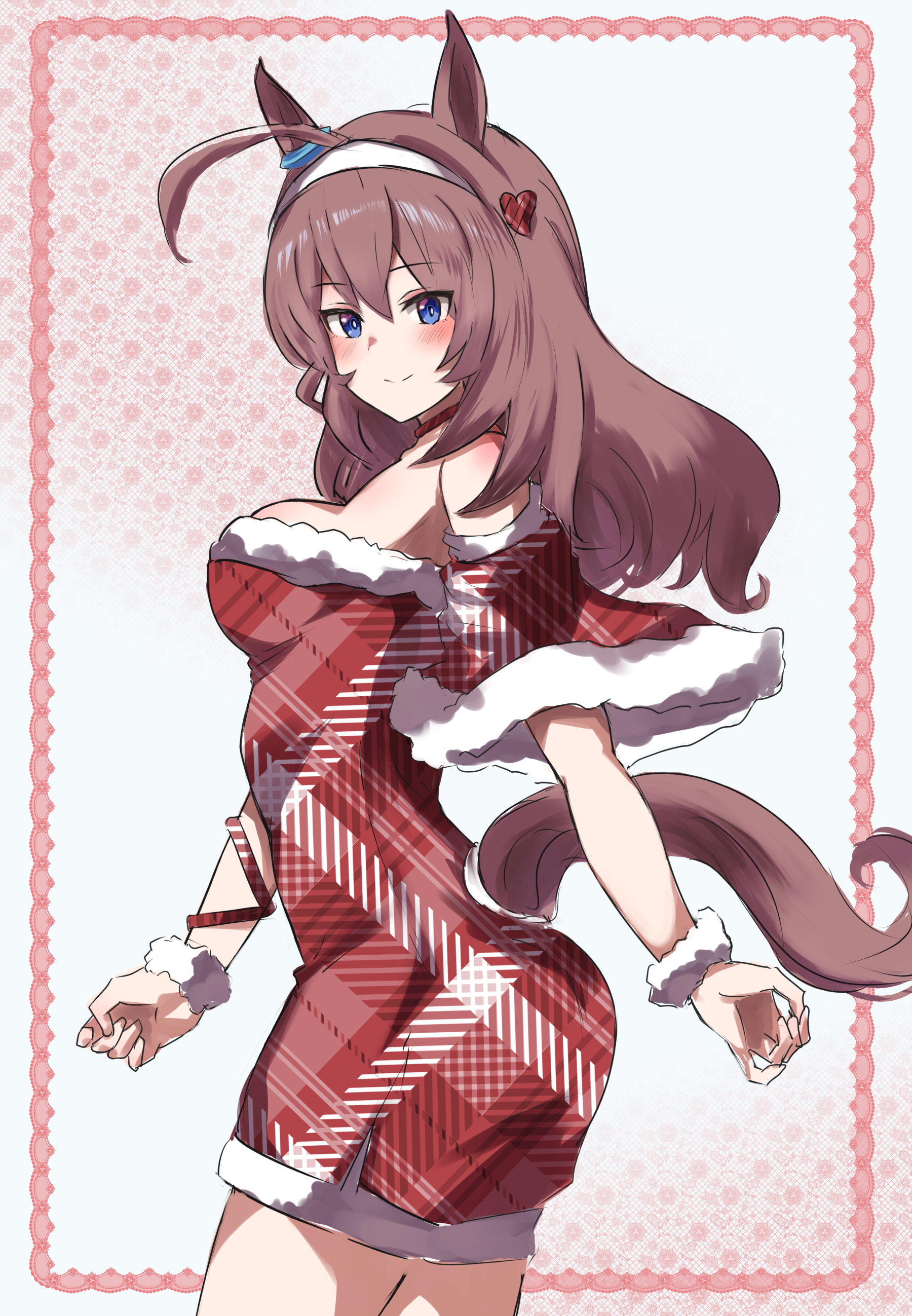 vandy76, mihono bourbon (umamusume), umamusume, absurdres, commentary request, highres, 1girl, ahoge, animal ears, ass, bare shoulders, blue eyes, blush, breasts, brown hair, christmas, closed mouth, dress, fur-trimmed dress, fur trim, hair between eyes, hairband, horse ears, horse girl, horse tail, long hair, looking at viewer, medium breasts, off-shoulder dress, off shoulder, plaid clothes, plaid dress, red dress, santa costume, santa dress, smile, solo, tail, white hairband