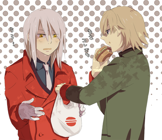 leghorn, august 7, goran (darker than black), darker than black, silver hair, bad id, bad pixiv id, 00s, 2boys, blonde hair, blue eyes, burger, food, gloves, halftone, halftone background, male focus, multiple boys, tears, upper body, white background, yellow eyes