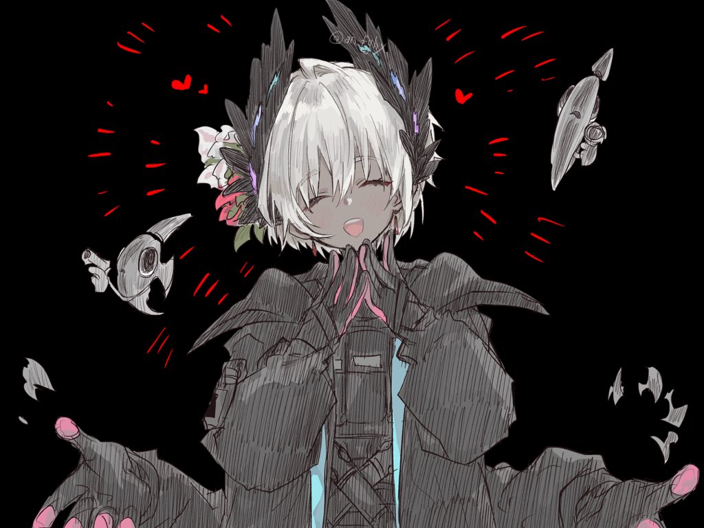 an fyhx, raidian (arknights), arknights, commentary request, 1girl, bird girl, black background, black feathers, black gloves, blush, closed eyes, dark-skinned female, dark skin, extra arms, feathers, fish, flower, gloves, grey hair, gun, hair flower, hair ornament, head wings, heart, jacket, multicolored gloves, open mouth, pink gloves, short hair, simple background, solo, teeth, two-tone gloves, upper teeth only, weapon, wings