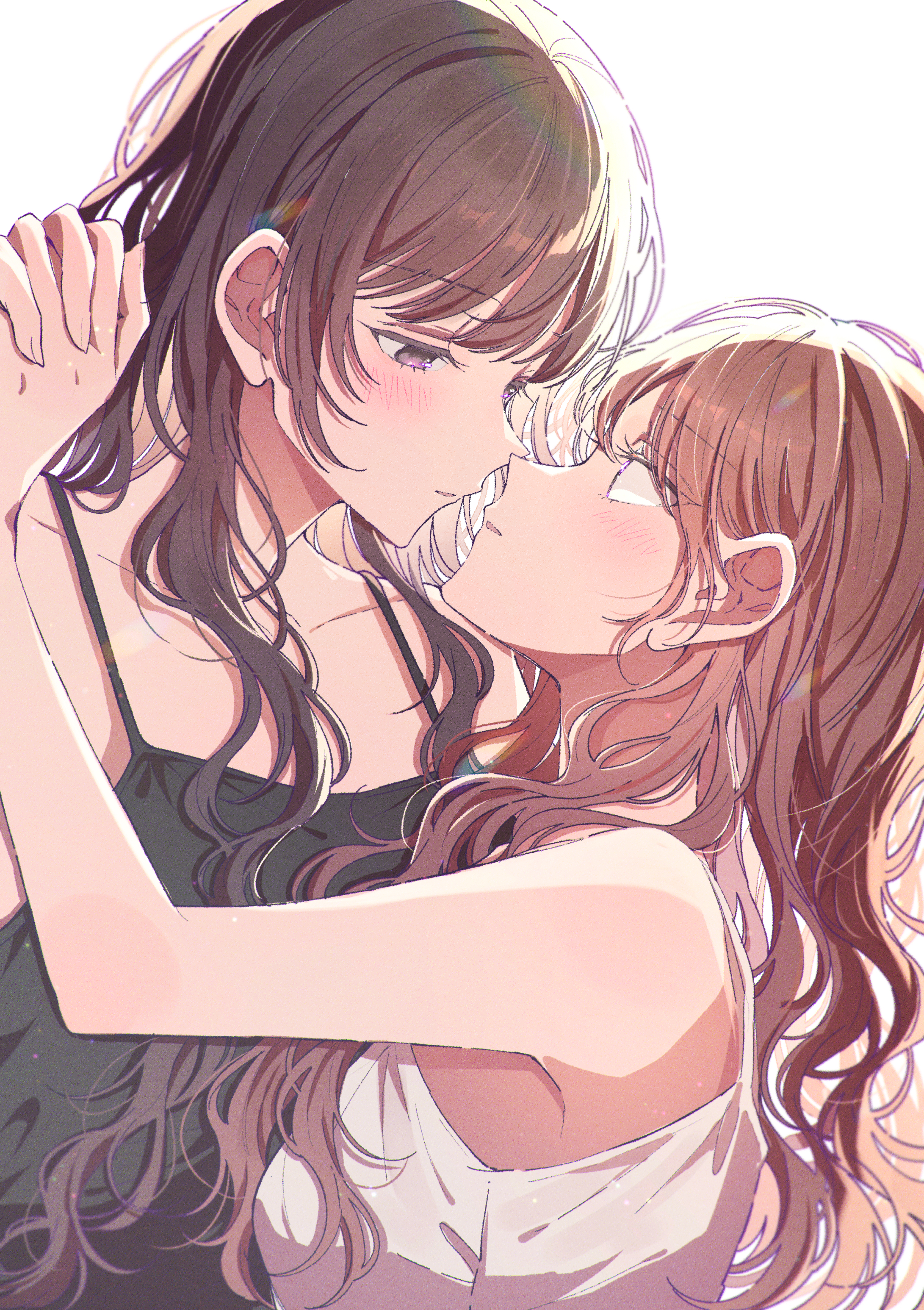 rococomm123, original, absurdres, commentary request, highres, 2girls, black camisole, blush, brown hair, camisole, eye contact, holding hands, interlocked fingers, long hair, looking at another, multiple girls, parted lips, purple eyes, simple background, white background, white camisole, yuri