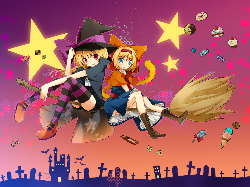 sa10cho, sato (sa10cho), alice margatroid, kirisame marisa, touhou, striped legwear, bad id, bad pixiv id, 2girls, animal ears, blonde hair, blue eyes, broom, cat ears, cat girl, cat tail, female focus, hairband, hat, long hair, multiple girls, red eyes, short hair, striped clothes, striped thighhighs, tail, thighhighs, witch, witch hat