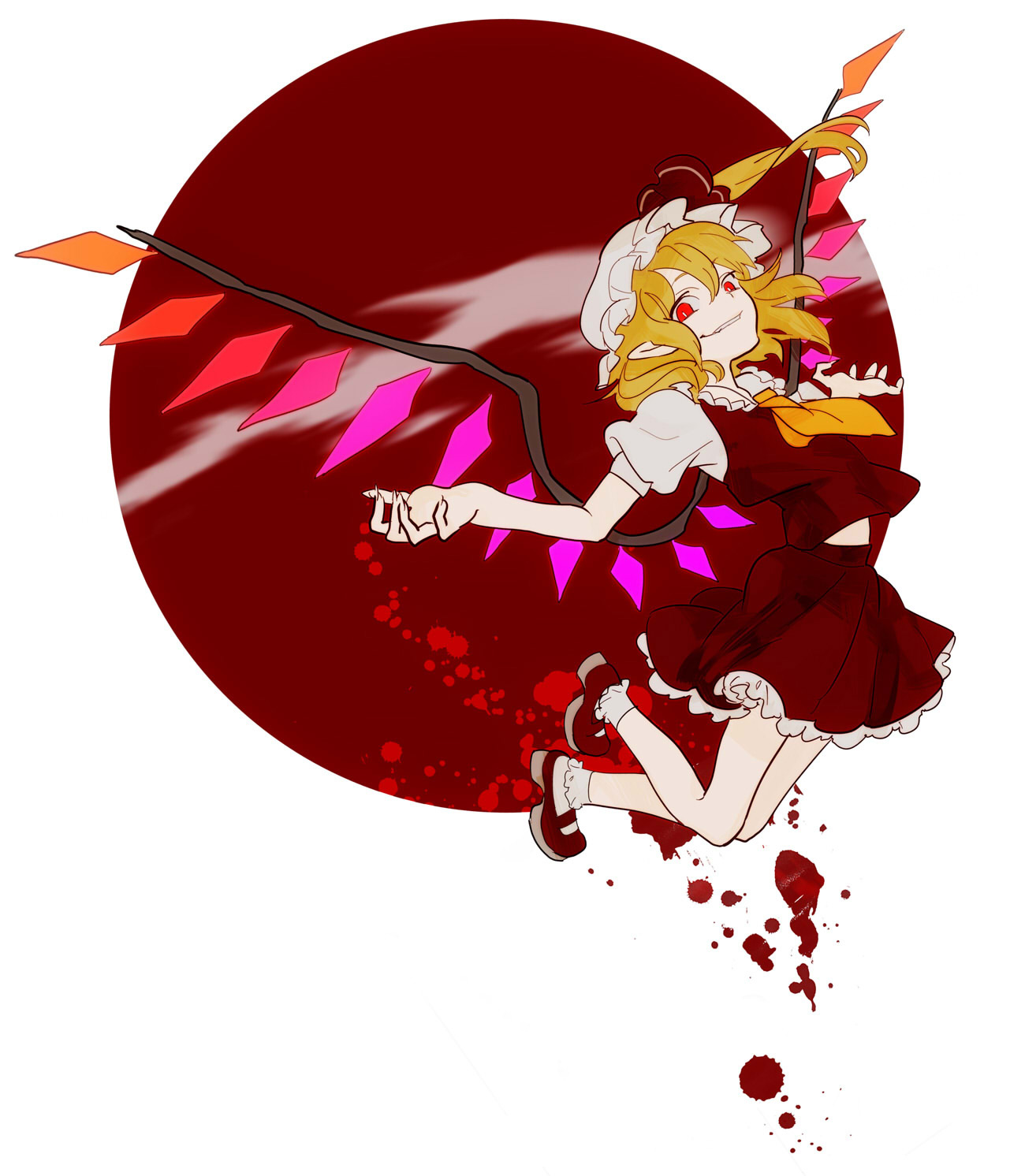 kazune (baumkuchen), flandre scarlet, touhou, bad id, bad pixiv id, highres, 1girl, bad apple!!, blonde hair, female focus, grin, hat, pointy ears, red eyes, short hair, side ponytail, smile, solo, wings