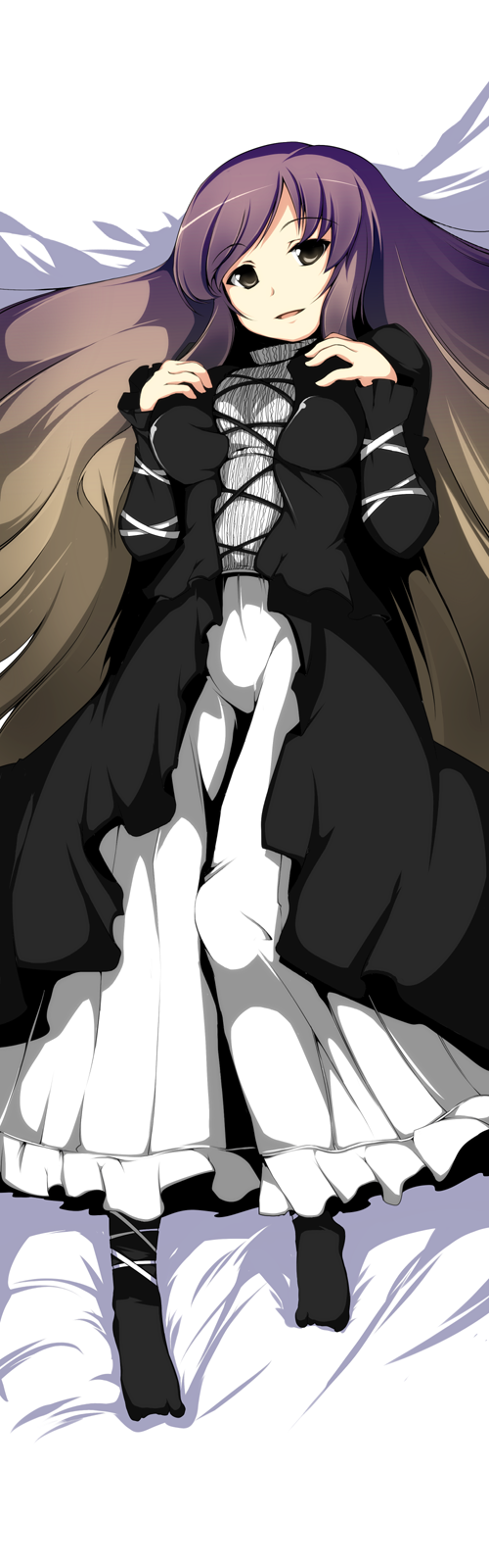 fujy, hijiri byakuren, touhou, highres, long image, tall image, 1girl, bed, dakimakura (medium), dress, female focus, full body, gradient hair, long hair, lying, multicolored hair, solo, yellow eyes