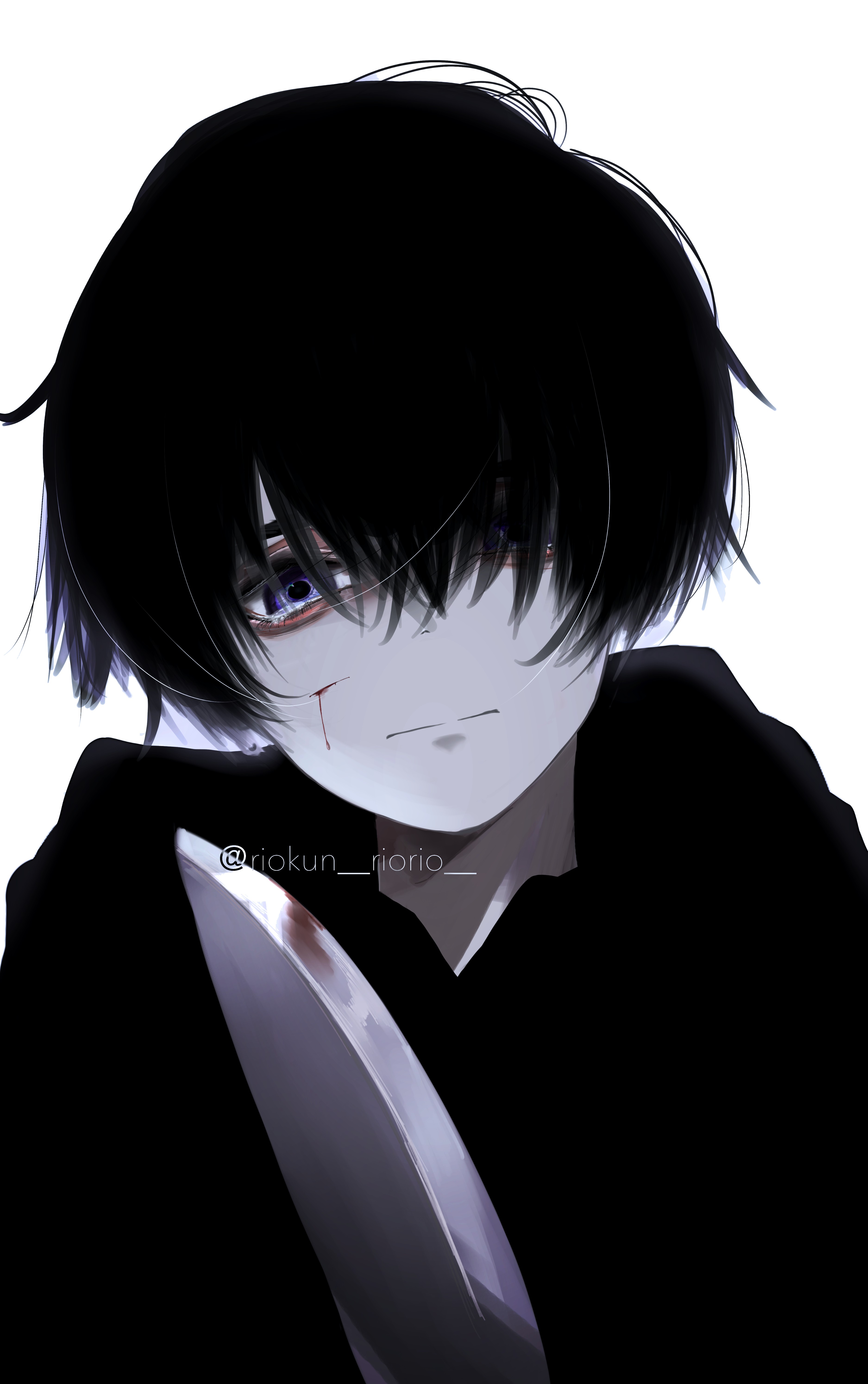 original, absurdres, commentary request, highres, 1boy, artist name, bags under eyes, bishounen, black hair, black hoodie, bleeding, blood, blood on cheek, bloody knife, closed mouth, crazy, cuts, eyes visible through hair, hair over one eye, holding, holding knife, hood, hood down, hoodie, injury, knife, looking at viewer, male focus, male yandere, riokun riorio, short hair, solo, split mouth, straight-on, tearing up, twitter username, upper body, white background, yandere