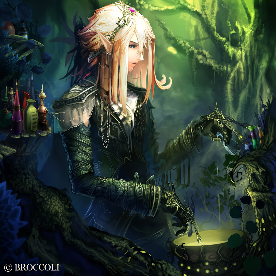 tachikawa mushimaro, dimension zero, 1boy, alchemy, armor, belt, bishounen, blonde hair, blue eyes, bottle, bowl, elf, epaulettes, gauntlets, male focus, pointy ears, potion, solo, spoon, tree