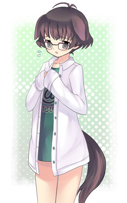 teu (navy), tiurin, akizuki ryo, idolmaster, idolmaster dearly stars, bad id, bad pixiv id, 00s, 1boy, androgynous, animal ears, antenna hair, bottomless, brown eyes, collared shirt, dog boy, dog ears, dog tail, glasses, male focus, shirt, solo, tail, trap