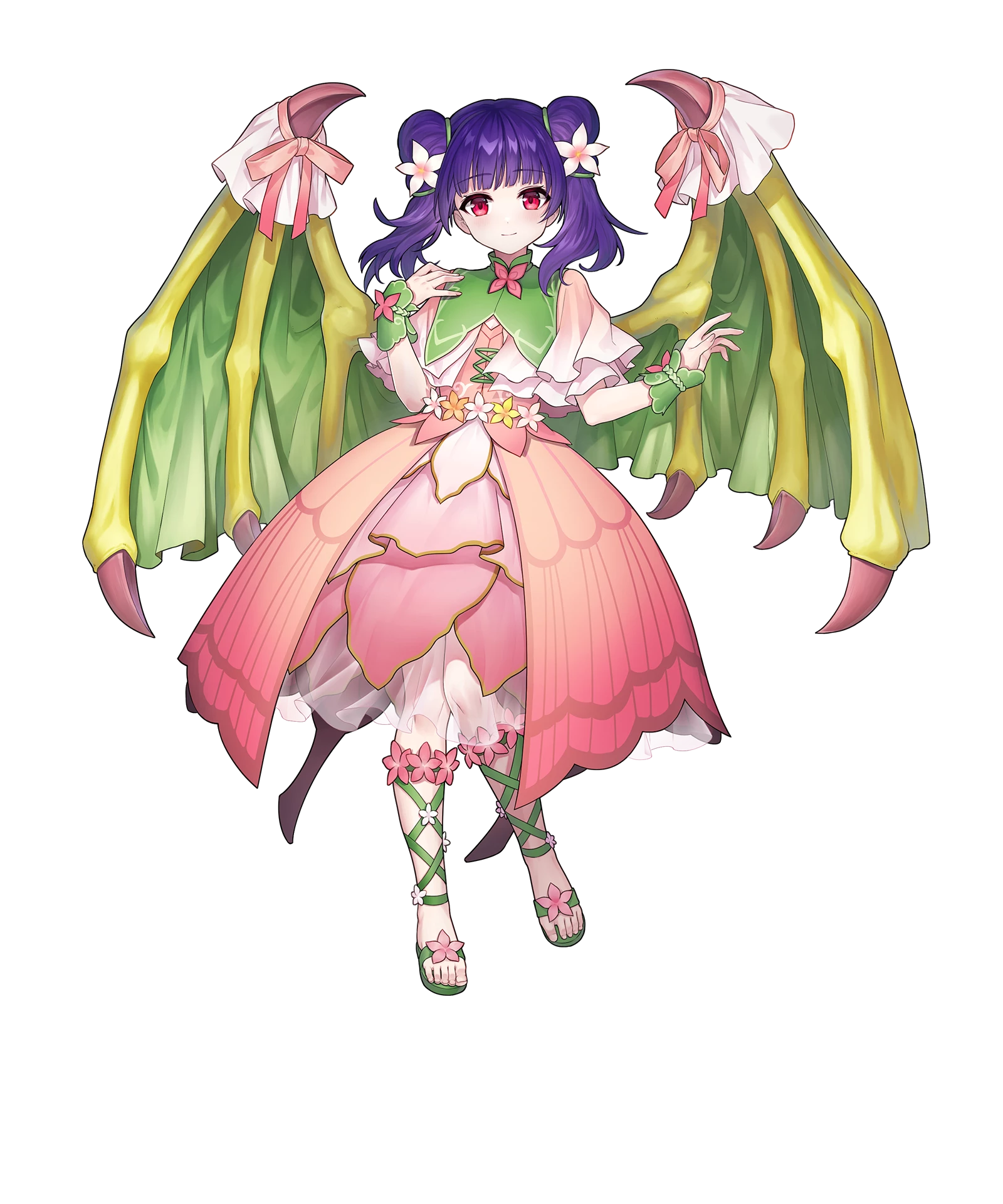 myrrh (fire emblem), myrrh (resplendent) (fire emblem), fire emblem, fire emblem: the sacred stones, fire emblem heroes, nintendo, highres, non-web source, official art, 1girl, cross-laced sandals, dragon girl, dragon wings, dress, flower, hair flower, hair ornament, looking at viewer, official alternate costume, pink dress, purple hair, red eyes, sandals, smile, solo, tachi-e, twintails, wings