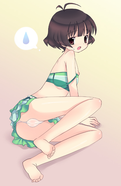 teu (navy), tiurin, akizuki ryo, idolmaster, idolmaster dearly stars, bad id, bad pixiv id, 00s, 1boy, barefoot, bikini, bikini skirt, bulge, crossdressing, crossdressing (mtf), male focus, nipple slip, nipples, solo, sweatdrop, swimsuit, tankini, trap