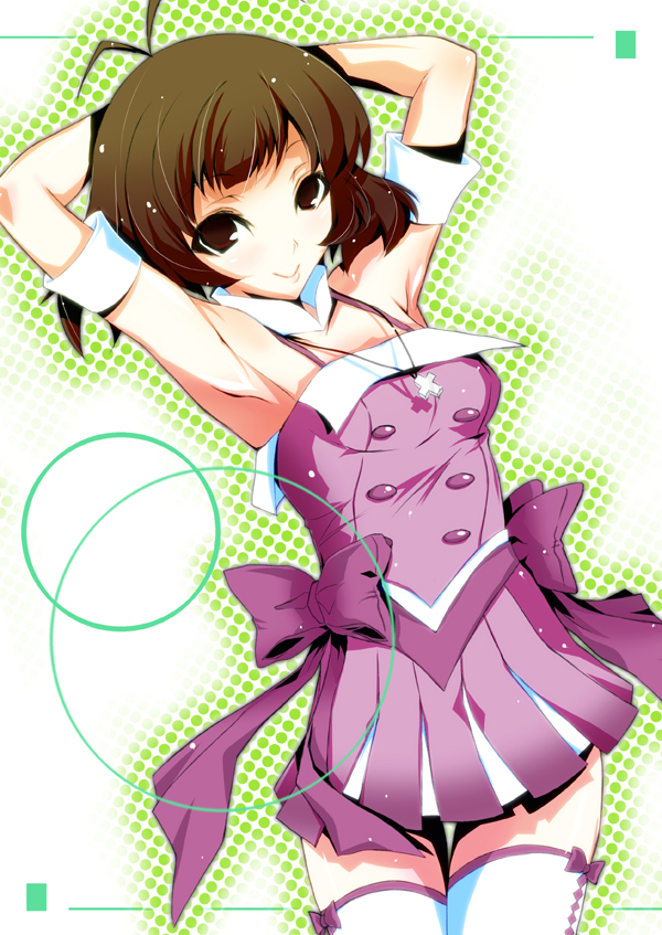 sawa (sawa-house), akizuki ryo, idolmaster, idolmaster dearly stars, 00s, ahoge, armpits, arms up, breast padding, brown eyes, brown hair, crossdressing, crossdressing (mtf), cute & girly (idolmaster), male focus, solo, thighhighs, trap