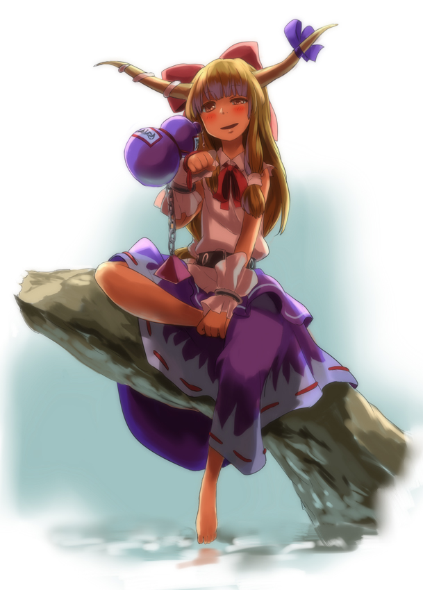 iwaya, ibuki suika, touhou, 1girl, barefoot, blonde hair, blush, bow, chain, drinking, drunk, female focus, gourd, horns, long hair, solo