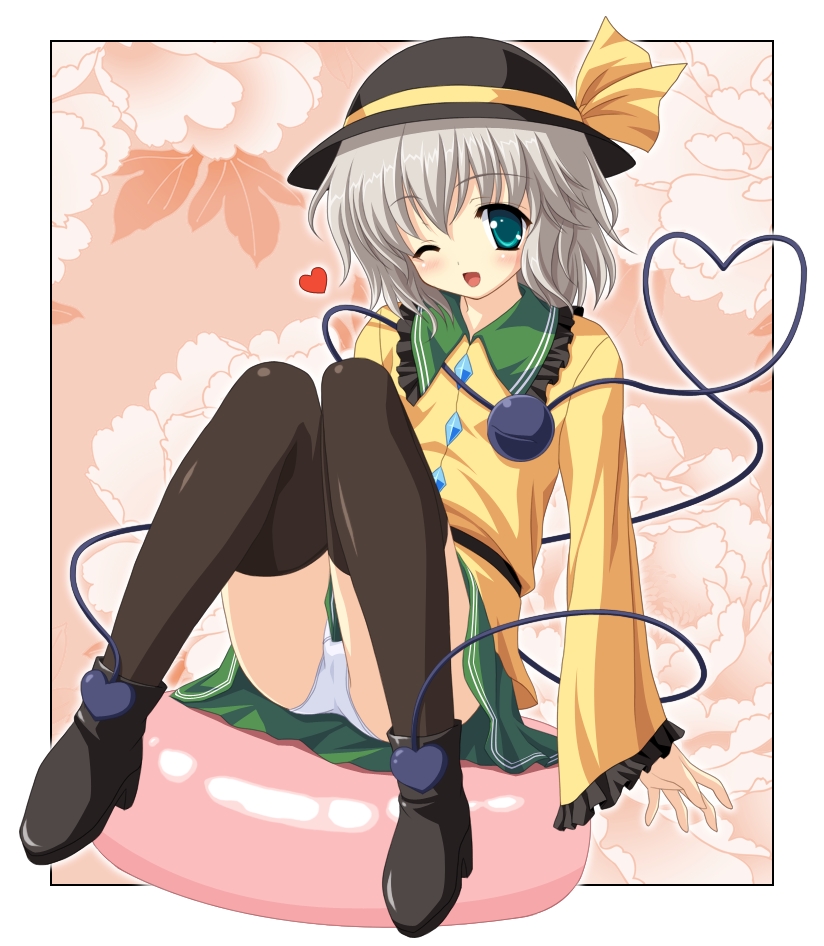 yamasan, komeiji koishi, touhou, silver hair, 1girl, aqua eyes, female focus, hat, heart, heart of string, one eye closed, panties, short hair, solo, thighhighs, underwear, wink