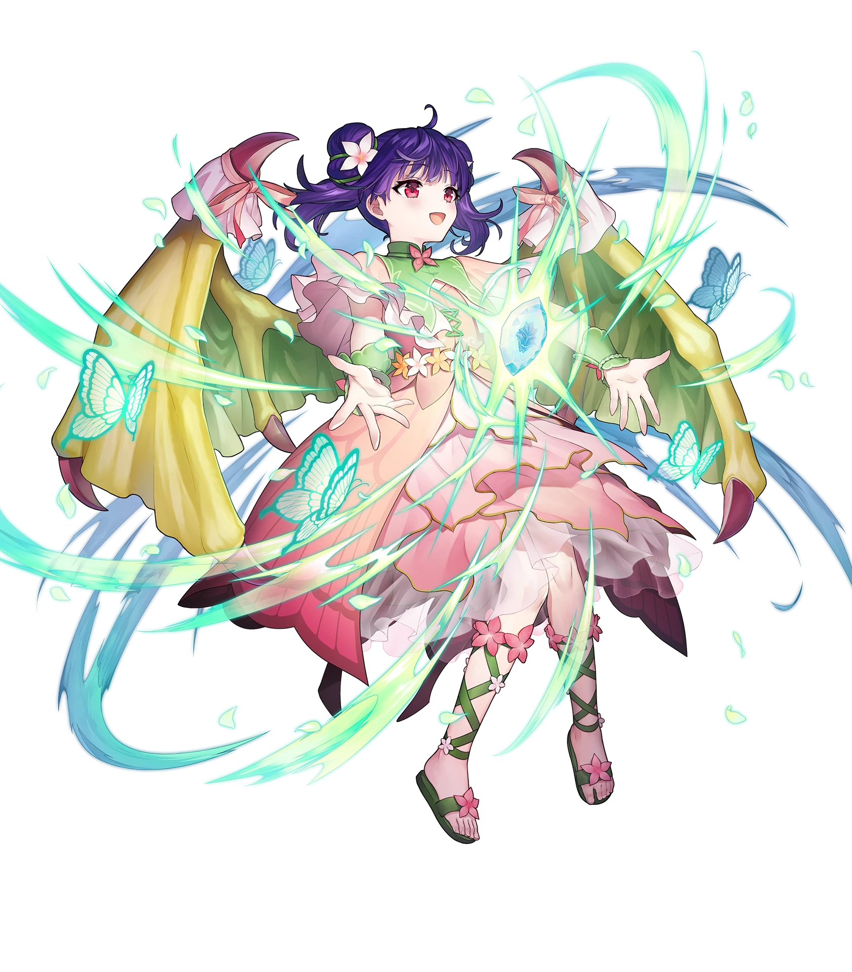 myrrh (fire emblem), myrrh (resplendent) (fire emblem), fire emblem, fire emblem: the sacred stones, fire emblem heroes, nintendo, highres, non-web source, official art, 1girl, attack, bug, butterfly, cross-laced sandals, dragon girl, dragon wings, dragonstone, dress, flower, hair flower, hair ornament, insect, official alternate costume, open mouth, pink dress, purple hair, red eyes, sandals, smile, solo, twintails, wings
