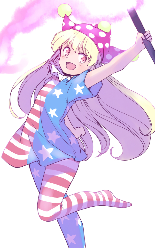 rangycrow, clownpiece, touhou, commentary request, 1girl, :d, american flag, american flag legwear, american flag print, american flag shirt, arm behind back, arm up, blonde hair, collar, fire, flag print, foot out of frame, frilled collar, frills, hat, holding, holding torch, jester cap, leg up, light blush, long hair, open mouth, orange eyes, pom pom (clothes), print shirt, purple fire, purple hat, shirt, sideways glance, smile, solo, torch