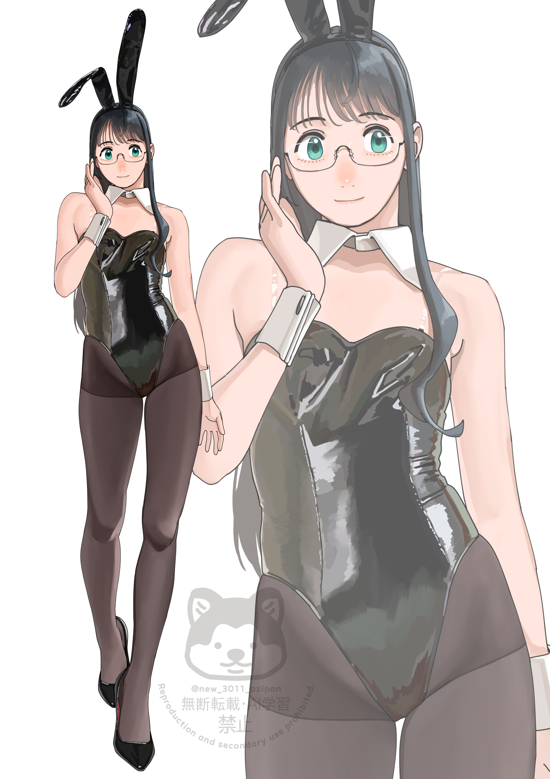 ojipon, ooyodo (kancolle), kantai collection, absurdres, commentary request, highres, 1girl, adjusting eyewear, animal ears, black hair, black leotard, black shoes, brown pantyhose, closed mouth, detached collar, fake animal ears, glasses, green eyes, leotard, long hair, looking at viewer, pantyhose, playboy bunny, rabbit ears, shoes, simple background, solo, watermark, white background, wrist cuffs, zoom layer