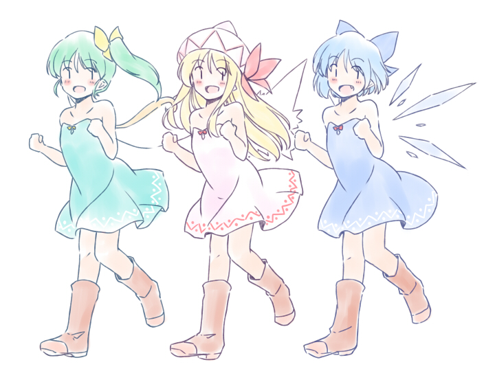 rangycrow, cirno, daiyousei, lily white, touhou, commentary request, 3girls, :d, bare shoulders, blonde hair, blue bow, blue dress, blue hair, blush, boots, bow, brown boots, clenched hands, collarbone, detached wings, dress, fairy, fairy wings, fang, green dress, green hair, hair bow, hands up, hat, knees, long hair, looking to the side, multiple girls, open mouth, pink dress, pink hat, red bow, short hair, side ponytail, smile, wings, yellow bow, | |