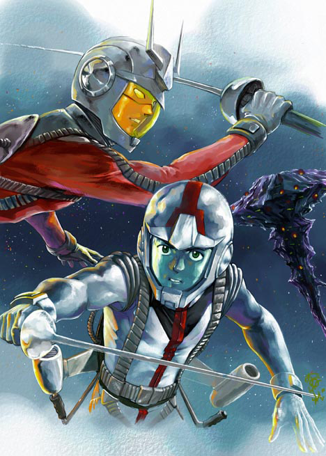 oono junji, amuro ray, char aznable, gundam, mobile suit gundam, pilot suit, 2boys, male focus, mask, multiple boys, rapier, space, sword, weapon