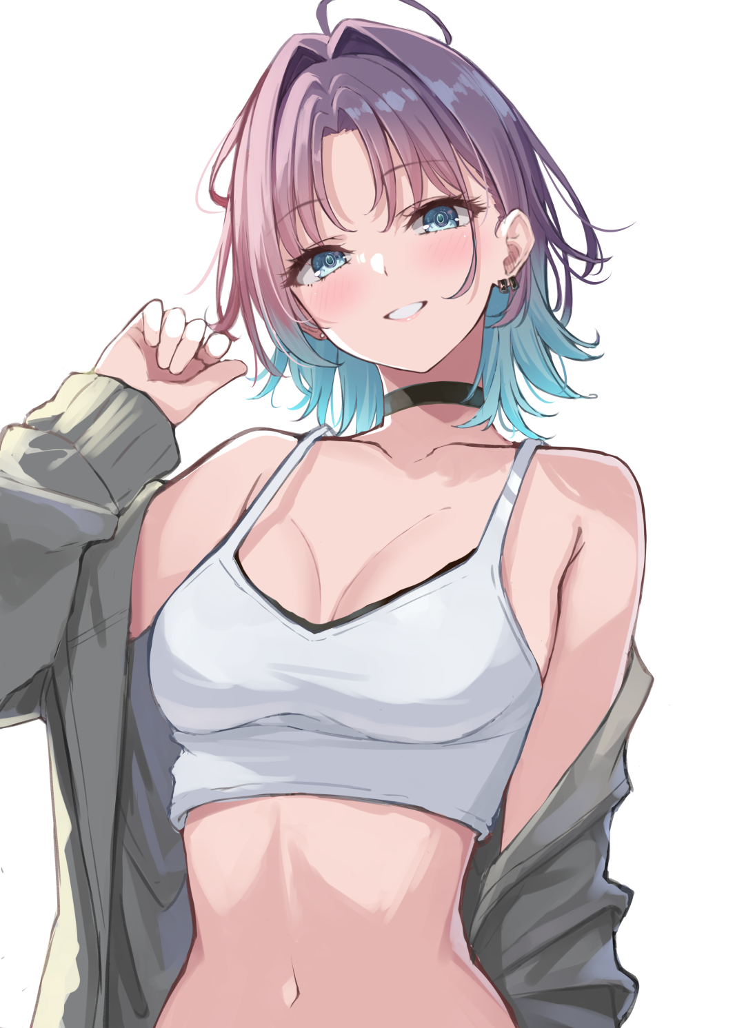 hatsu (first snow), asakura toru, idolmaster, idolmaster shiny colors, commentary request, highres, 1girl, ahoge, bare shoulders, black choker, blue eyes, blue hair, breasts, brown hair, choker, collarbone, colored inner hair, crop top, gradient hair, grey jacket, grin, jacket, looking at viewer, medium breasts, medium hair, midriff, multicolored hair, navel, off shoulder, open clothes, open jacket, parted bangs, shirt, simple background, sleeveless, sleeveless shirt, smile, solo, stomach, two-tone hair, upper body, white background, white shirt