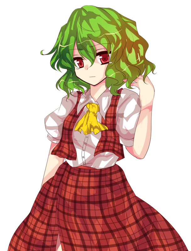 uranaishi (miraura), kazami yuuka, touhou, bad id, bad pixiv id, 1girl, alphes (style), ascot, female focus, green hair, parody, plaid clothes, plaid skirt, plaid vest, red eyes, short hair, skirt, skirt set, solo, style parody, tears, vest