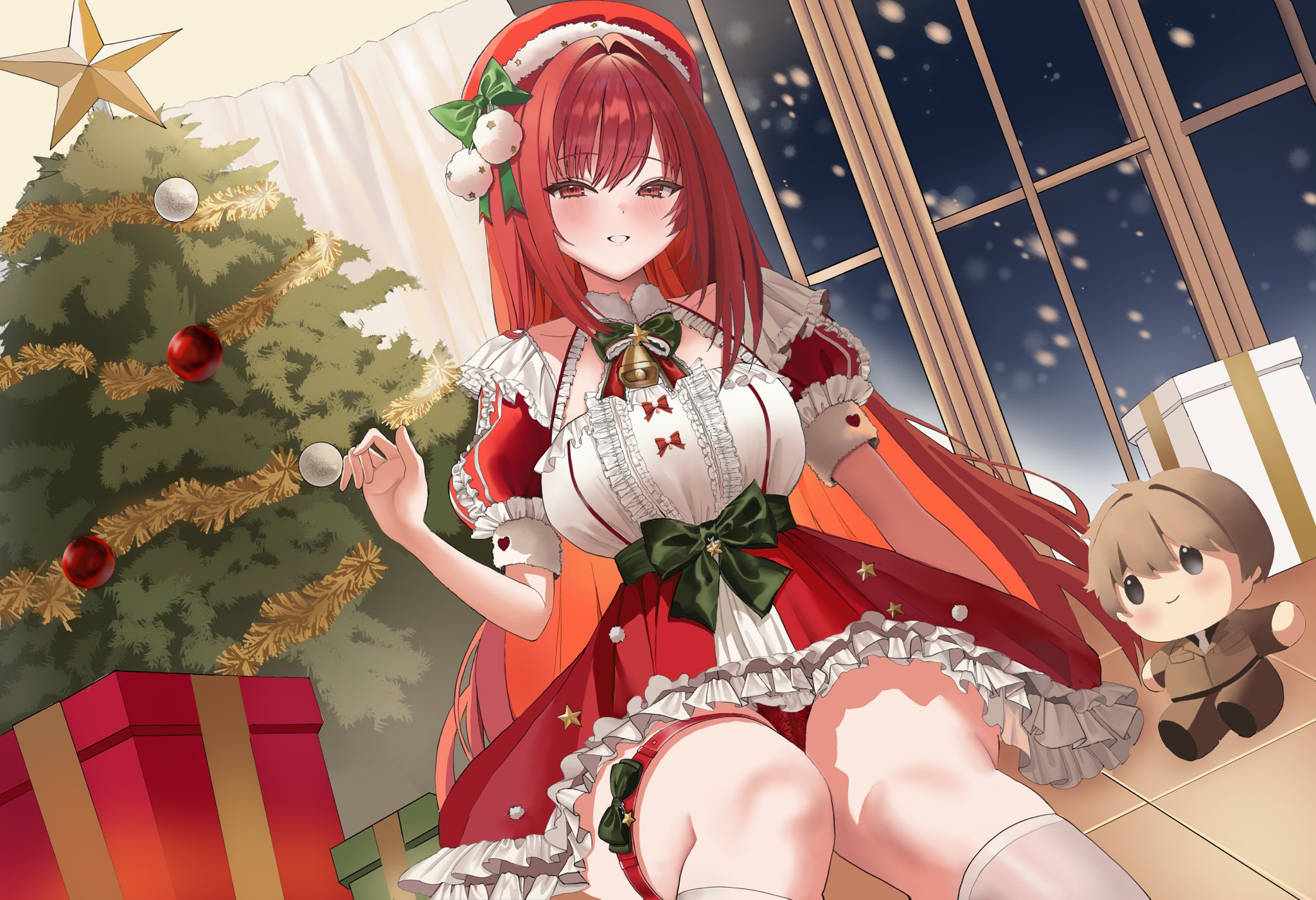 commander (nikke), rapi (nikke), rapi (red hood) (nikke), goddess of victory: nikke, commentary, english commentary, highres, 1girl, box, breasts, character doll, chichi5809, christmas, christmas present, christmas tree, doll, dress, gift, gift box, hat, implied pantyshot, indoors, large breasts, long hair, looking at viewer, panties, red dress, red eyes, red hair, red panties, santa hat, sitting, smile, snowing, solo, thighhighs, thighs, underwear, very long hair, white thighhighs