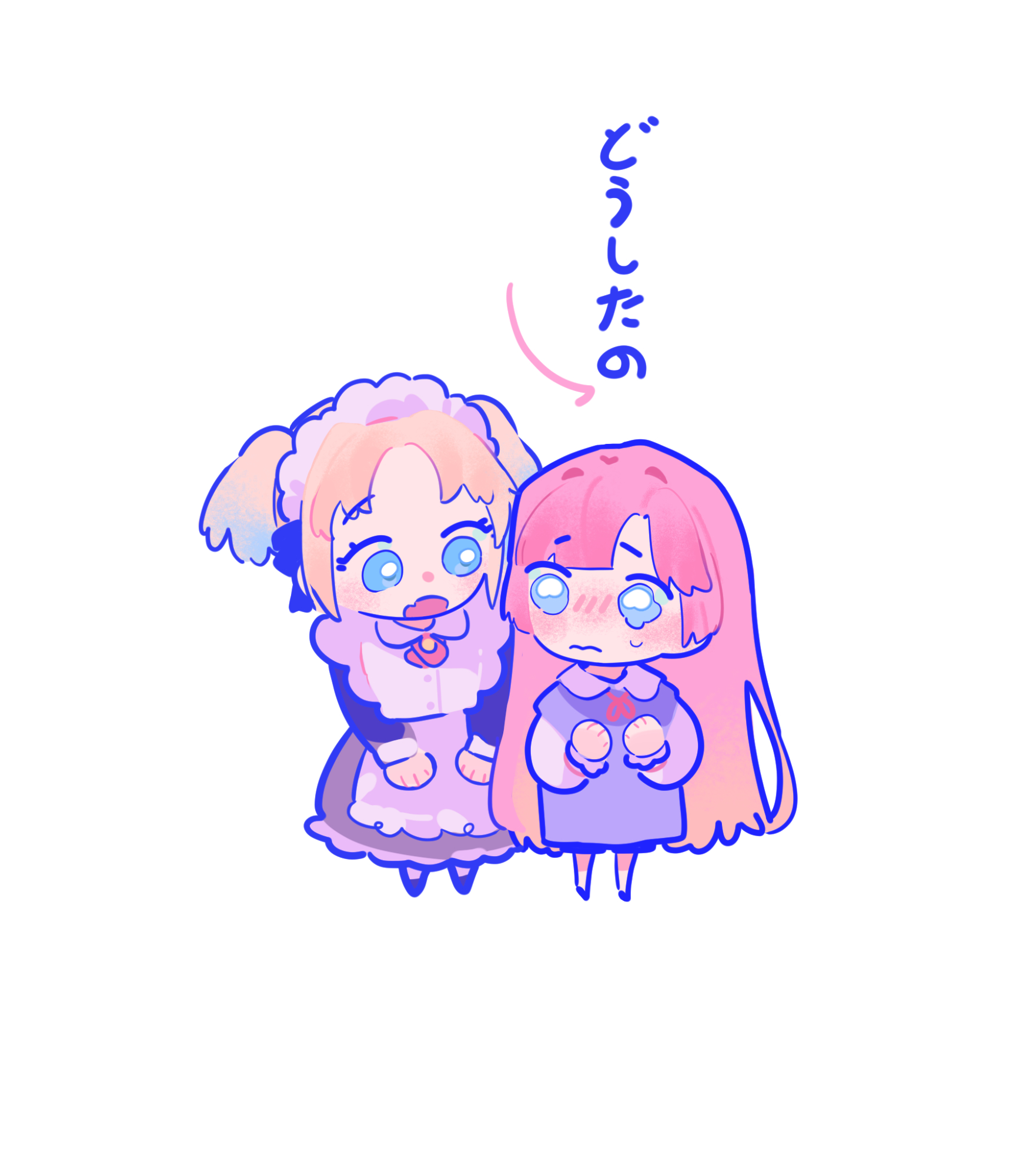 pipi (m1x mix), anyoji hime, osawa rurino, link! like! love live!, love live!, commentary, highres, symbol-only commentary, 2girls, 3:, aged down, alternate universe, black dress, blonde hair, blue eyes, blush, chibi, chibi only, cho toutoi love, closed mouth, collared shirt, colored speech bubble, crying, crying with eyes open, dress, dripping eye, eye contact, fang, frown, gradient hair, grey dress, leaning forward, long dress, long hair, long sleeves, looking at another, multicolored hair, multiple girls, neck ribbon, nose blush, open mouth, pinafore dress, pink hair, red ribbon, ribbon, shirt, skin fang, sleeveless, sleeveless dress, speech bubble, tears, very long hair, virtual youtuber, white shirt