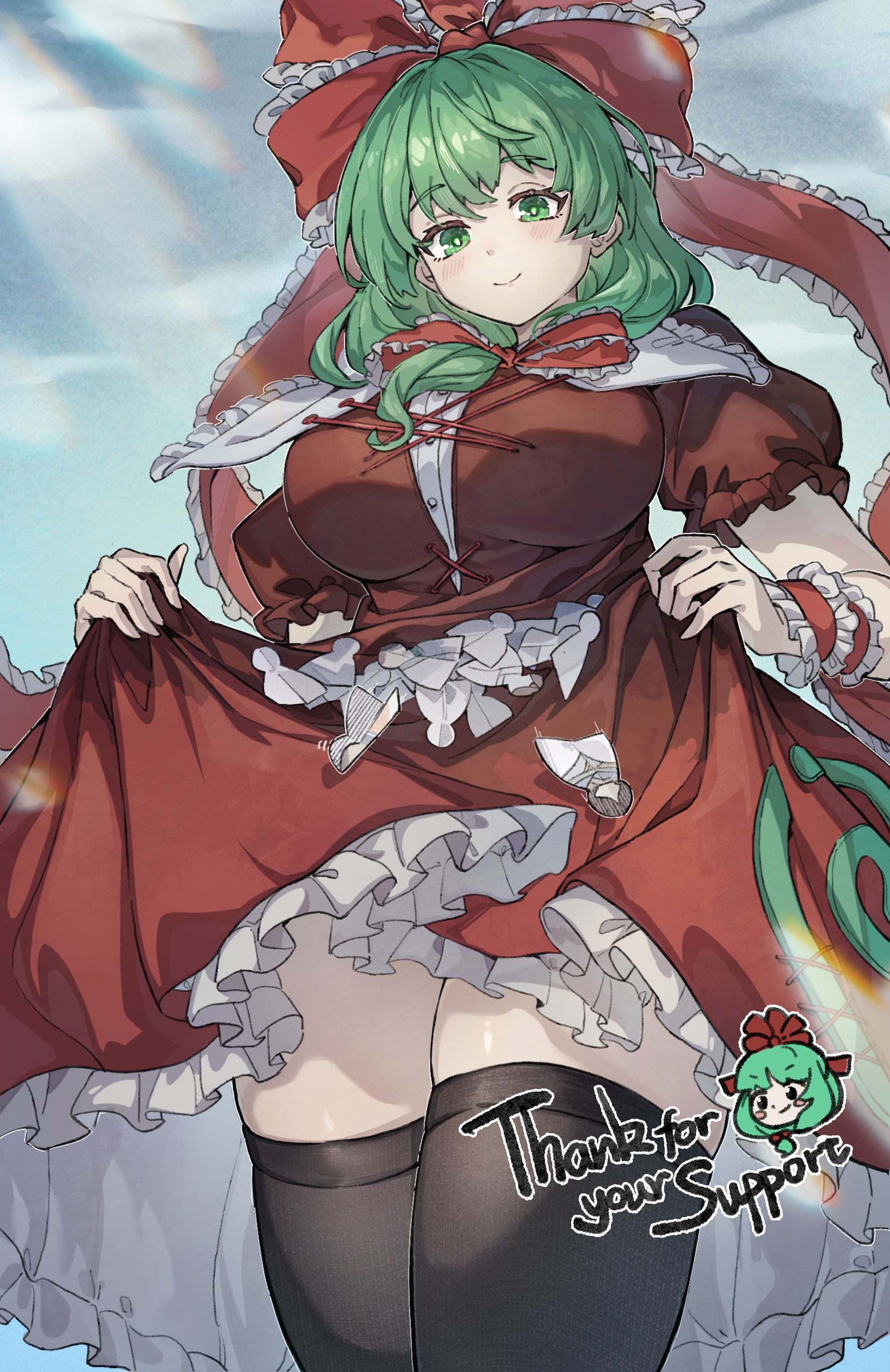 shishui guima, kagiyama hina, touhou, absurdres, chinese commentary, commentary request, commission, highres, 1girl, black thighhighs, blush, bow, breasts, closed mouth, dress, frilled bow, frilled ribbon, frills, green eyes, green hair, hair bow, hair ribbon, large breasts, long hair, looking at viewer, puffy short sleeves, puffy sleeves, red bow, red dress, red ribbon, ribbon, short sleeves, skirt basket, smile, solo, thighhighs, thighs, watermark, wrist ribbon, zun (style)