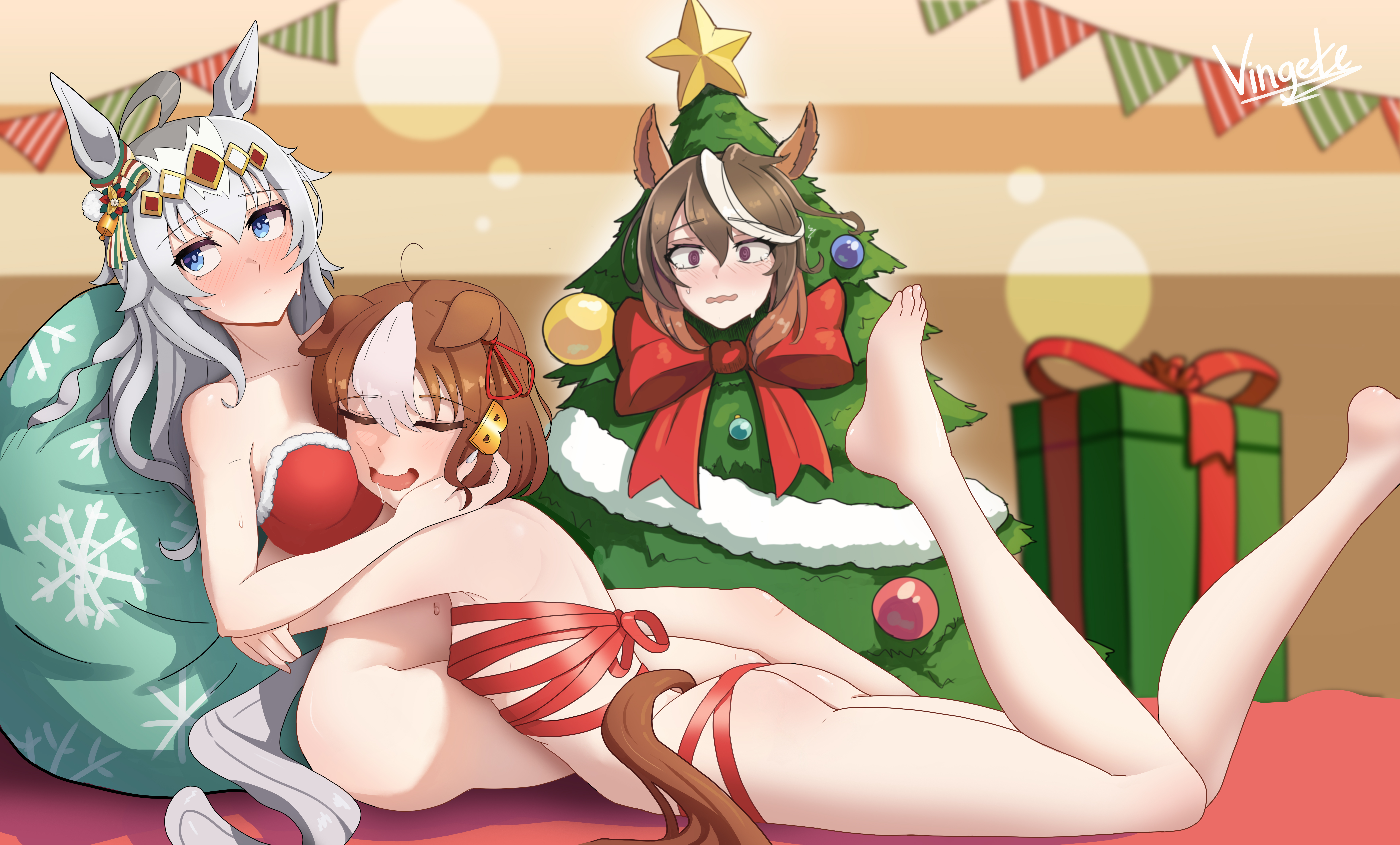 vingete, belno light (umamusume), oguri cap (umamusume), symboli rudolf (christmas emperor tree) (umamusume), symboli rudolf (umamusume), umamusume, umamusume: cinderella gray, absurdres, commentary, english commentary, highres, 3girls, @ @, ahoge, animal ears, arm around back, ass, blue eyes, blush, bottomless, bow, box, breasts, brown hair, cheek press, christmas, christmas ornaments, christmas tree costume, closed eyes, closed mouth, couple, crying, crying with eyes open, drooling, ear ornament, ear ribbon, ears down, gift, gift box, grey hair, hair between eyes, hair ornament, horse ears, hug, leaning back, letter hair ornament, long hair, looking at another, looking up, lying, medium breasts, multicolored hair, multiple girls, naked ribbon, no tail, nose blush, on stomach, open mouth, purple eyes, red eyes, red ribbon, ribbon, short hair, sitting, small breasts, smile, strapless, tears, tree costume, two-tone hair, wavy mouth, wrapped up, yuri