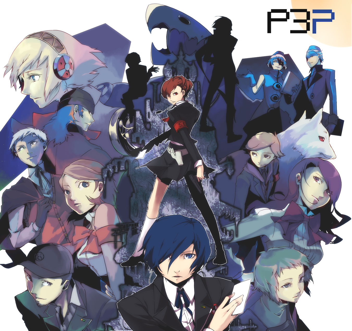 35, aigis (persona), amada ken, aragaki shinjirou, elizabeth (persona), iori junpei, kirijou mitsuru, koromaru (persona), mochizuki ryouji, sanada akihiko, shiomi kotone, takeba yukari, theodore (persona), yamagishi fuuka, yuuki makoto (persona 3), atlus, persona, persona 3, persona 3 portable, silver hair, highres, 6+boys, 6+girls, android, baseball cap, beanie, black hair, blonde hair, blue eyes, blue hair, book, bow, brown eyes, brown hair, choker, dog, dress, everyone, garrison cap, gloves, green hair, hair ornament, hair over one eye, hairband, hairclip, hat, headphones, long hair, multiple boys, multiple girls, red eyes, red hair, ribbon, school uniform, short hair, skirt, smile, yellow eyes