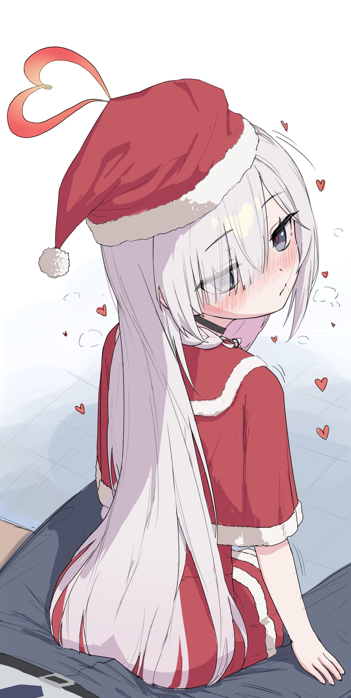 yukiho (69865456), plana (blue archive), sensei (blue archive), blue archive, commentary request, highres, 1girl, black choker, choker, grey eyes, grey hair, hair over one eye, halo, hat, long hair, looking at viewer, red halo, red hat, santa costume, santa hat, sitting, sitting on lap, sitting on person, solo