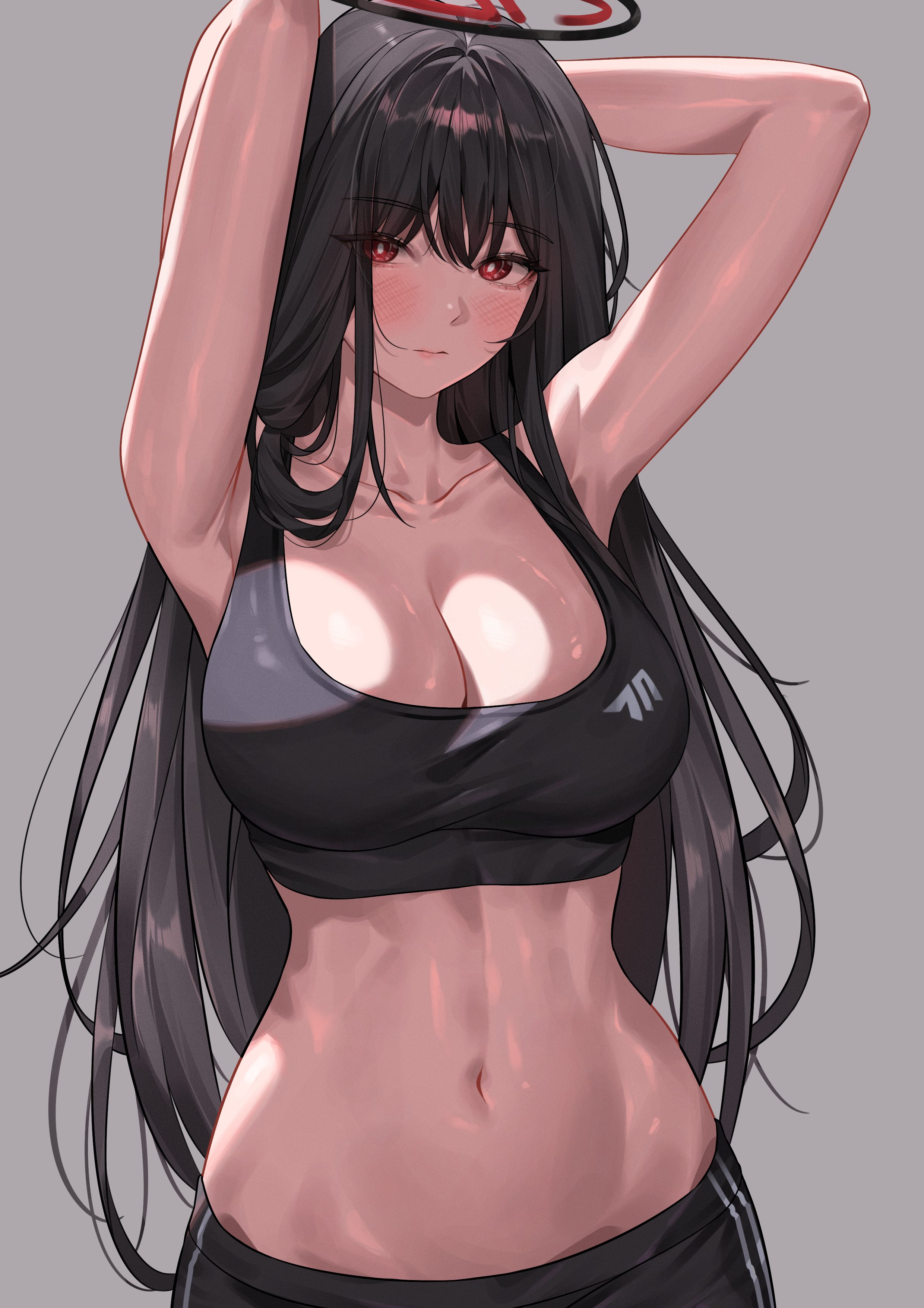 katrinabluuuuu, rio (blue archive), blue archive, absurdres, commentary, english commentary, highres, 1girl, armpits, arms behind head, arms up, bare shoulders, black hair, black halo, black shorts, black sports bra, blush, breasts, cleavage, closed mouth, collarbone, crop top, grey background, hair between eyes, halo, large breasts, long hair, looking at viewer, midriff, millennium science school logo, multicolored halo, navel, pink lips, red eyes, shorts, solo, sports bra, sportswear, two-tone halo, very long hair
