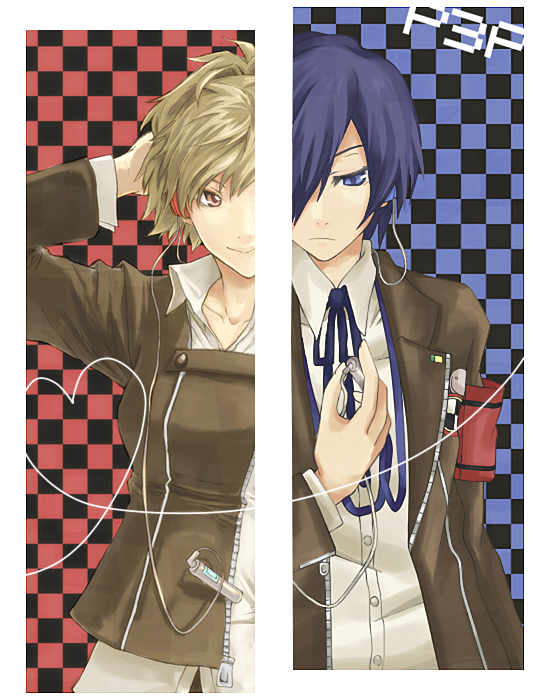 kurona (huyu-mix), shiomi kotone, yuuki makoto (persona 3), atlus, persona, persona 3, persona 3 portable, bad id, bad pixiv id, armband, blue eyes, blue hair, brown eyes, brown hair, headphones, school uniform, short hair, smile