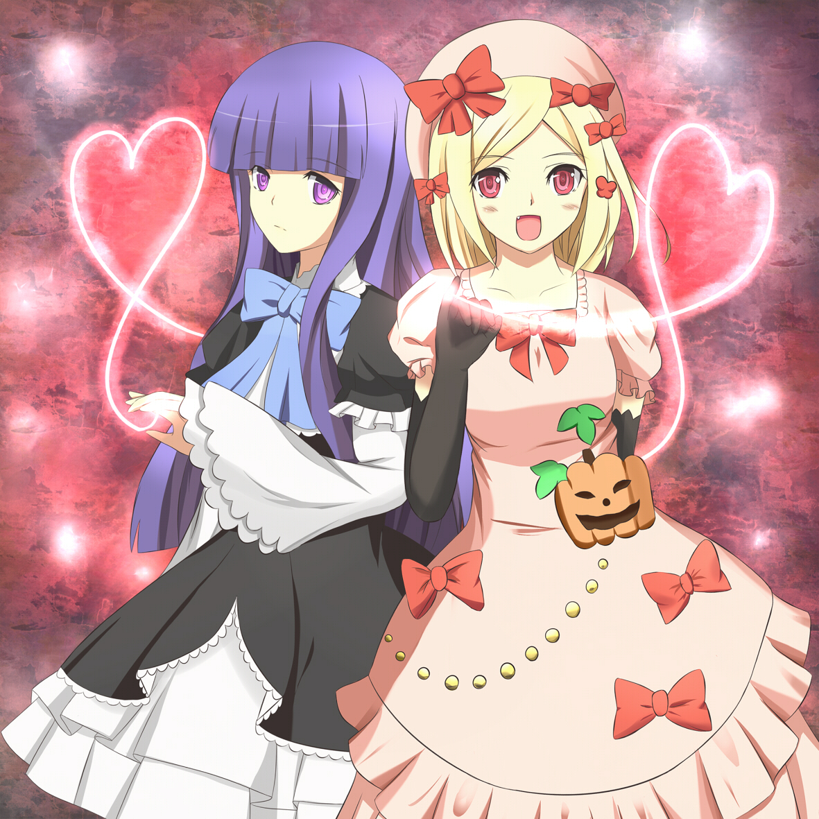 nes (sigma), frederica bernkastel, lambdadelta, umineko no naku koro ni, bad id, bad pixiv id, 00s, 2girls, blonde hair, hat, heart, jack-o'-lantern, multiple girls, pink hat, pumpkin, purple eyes, purple hair, red eyes, ribbon