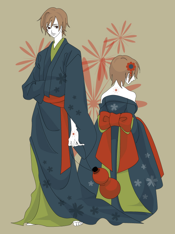 haruichi (haru123), meiko (vocaloid), meito (vocaloid), vocaloid, 1boy, 1girl, bow, brown hair, couple, flower, genderswap, genderswap (ftm), hetero, japanese clothes, kimono, short hair