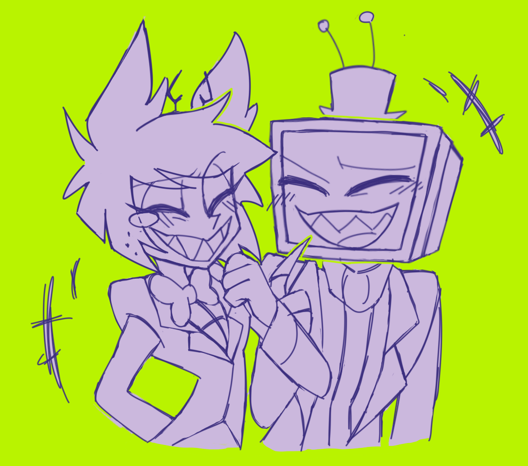 alastor (hazbin hotel), vox (hazbin hotel), hazbin hotel, hellaverse, chinese commentary, commentary request, 2boys, animal ears, blush, bow, bowtie, closed eyes, closed mouth, deer ears, eyelashes, green background, hand up, hat, jacket, looking at another, multiple boys, open mouth, sketch, wr-winter, yaoi