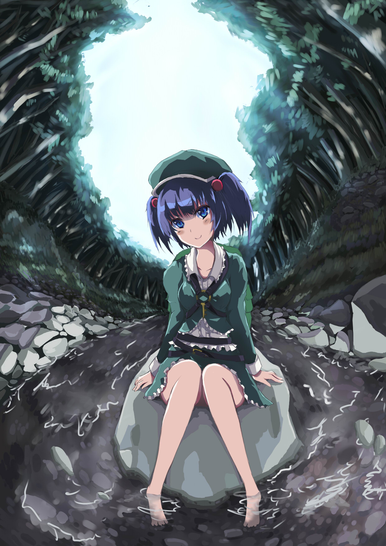 pugbun, kawashiro nitori, touhou, highres, 1girl, backpack, bag, barefoot, blue eyes, blue hair, female focus, forest, hair bobbles, hair ornament, hat, key, matching hair/eyes, nature, on rock, randoseru, river, rock, sitting, smile, soaking feet, solo, twintails, two side up, water