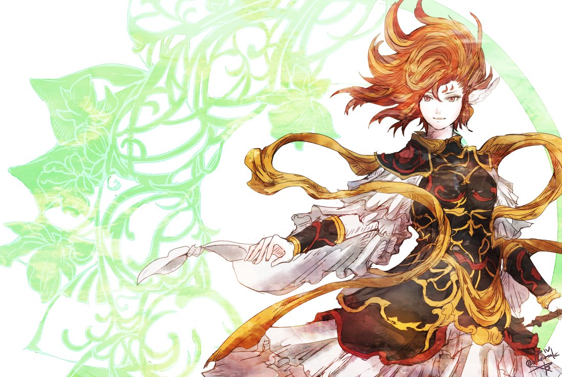 ruka (blueplus84), suzaku (ff14), final fantasy, final fantasy xiv, commentary, 1girl, closed mouth, copyright name, flute, hagoromo, holding, holding flute, holding instrument, instrument, pointy ears, red eyes, red hair, shawl, short hair, smile, solo, twitter username