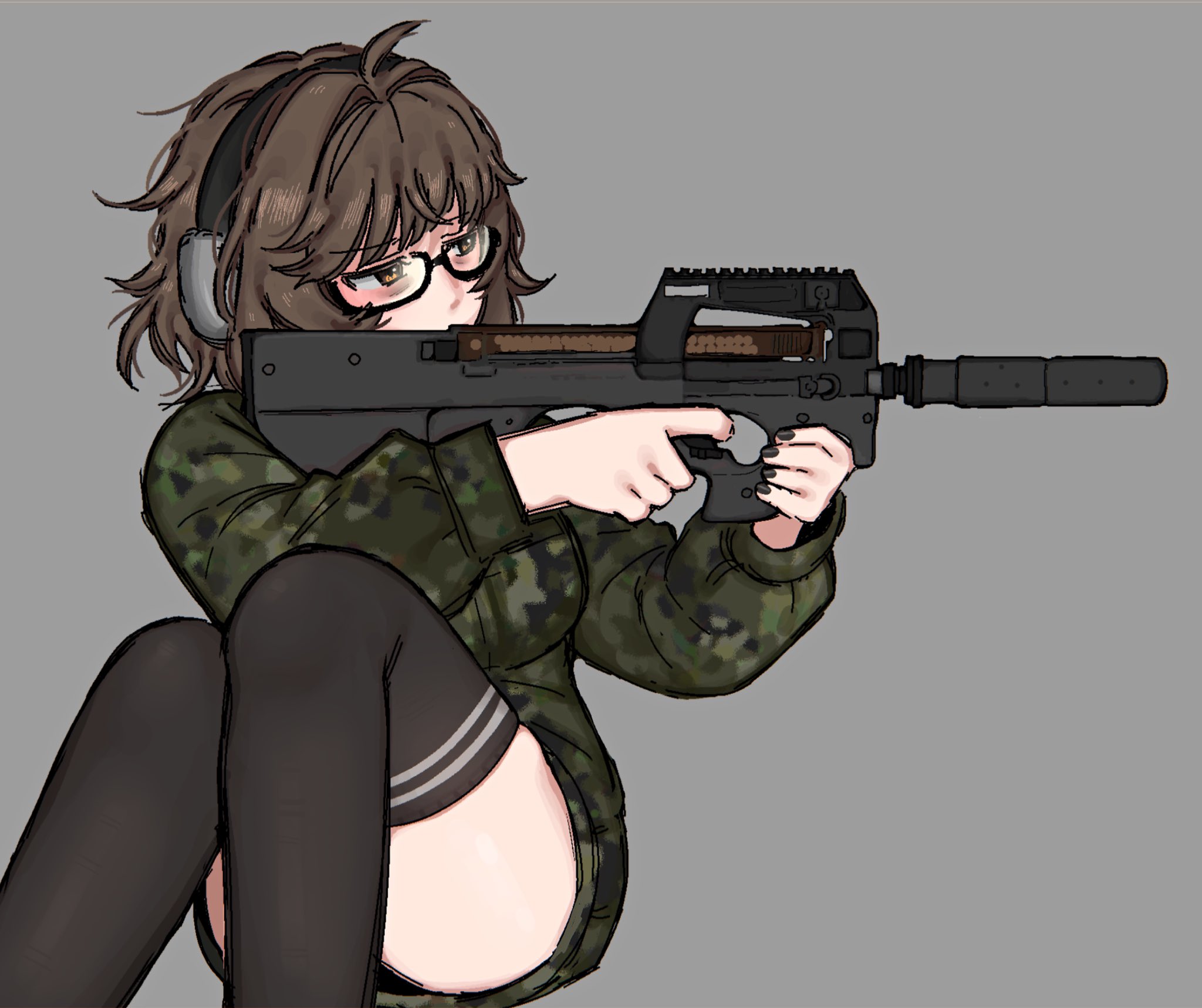 snale, aki (snale), highres, aiming, breasts, bullpup, curvy, gun, holding, holding gun, holding weapon, medium breasts, neet, p90, submachine gun, tactical clothes, thick thighs, thighs, weapon