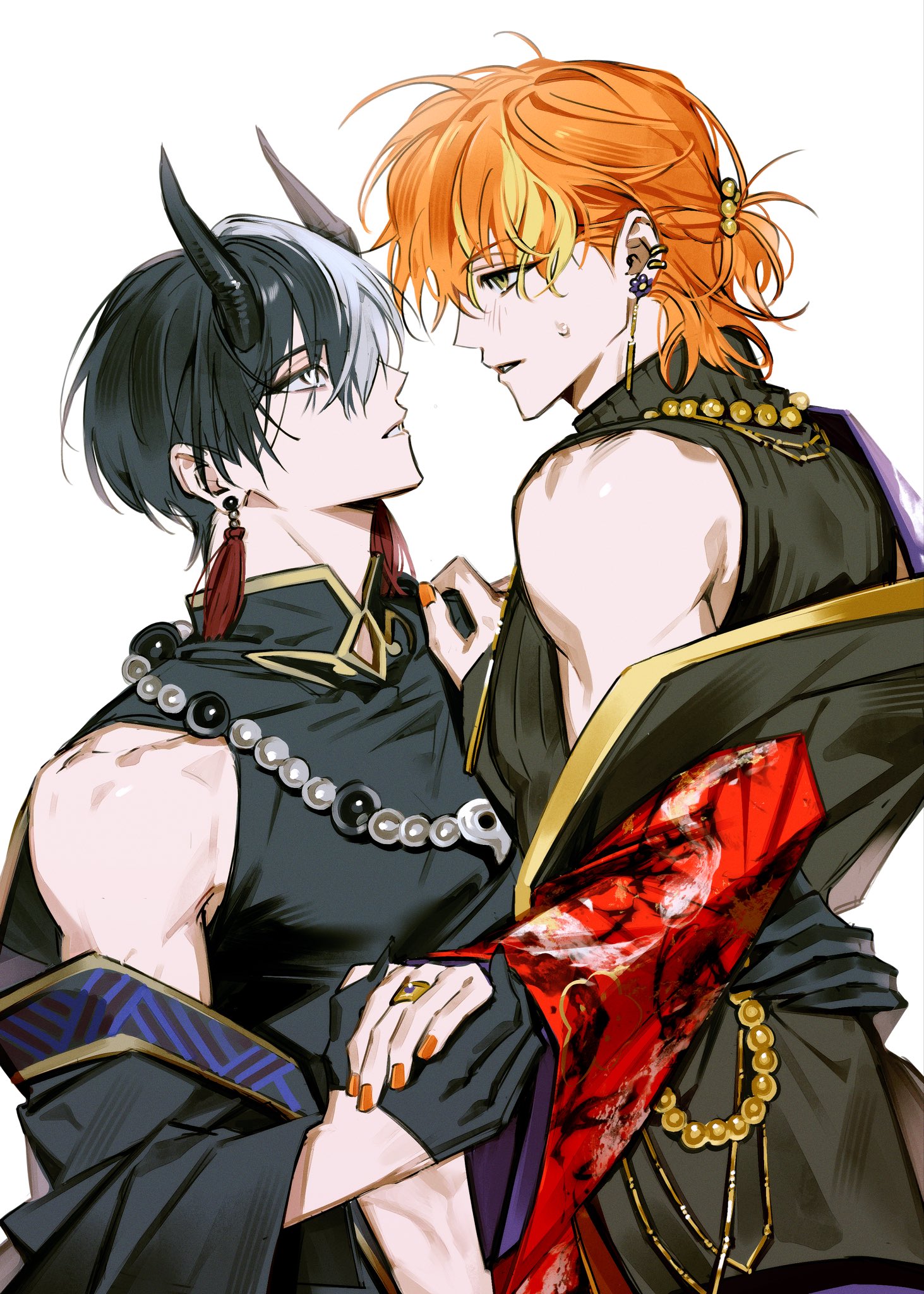 aoyagi touya, shinonome akito, project sekai, highres, 2boys, arm around waist, bare shoulders, beads, blonde hair, blue hair, clothing cutout, coat partially removed, earrings, fingernails, gloves, gold trim, hand on another's shoulder, holding hands, horns, jewelry, long fingernails, looking at another, mandarin collar, multicolored hair, multiple boys, multiple earrings, official alternate costume, official alternate hairstyle, orange hair, orange nails, pillow cbp, ring, shinnen kotohogu inori no mai (project sekai), sleeveless, sleeveless turtleneck, streaked hair, sweat, tassel, tassel earrings, turtleneck, two-tone hair, unfading wishing (project sekai), white eyes