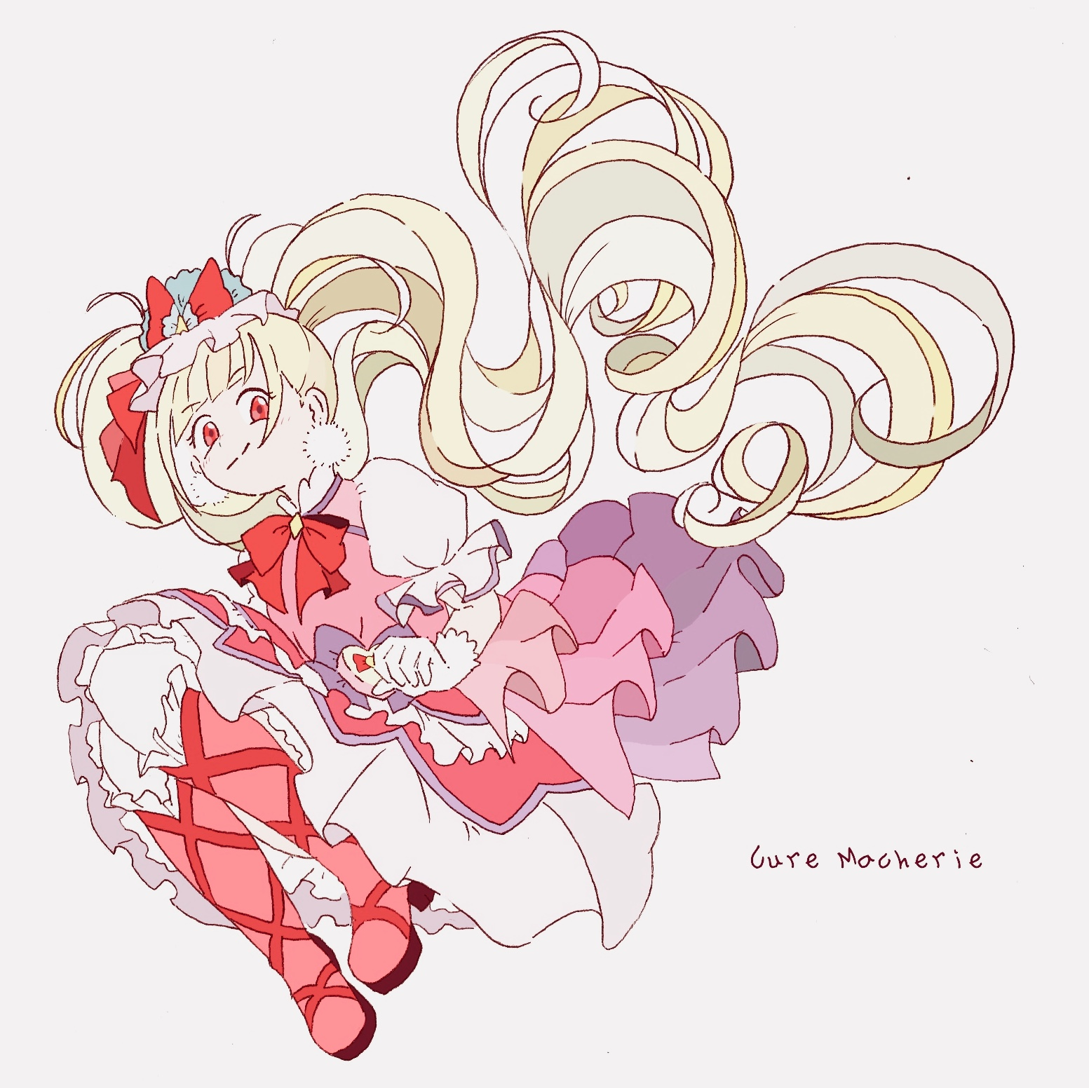 takahoshi (yunch327), aisaki emiru, cure macherie, hugtto! precure, precure, commentary request, highres, 1girl, anime coloring, bag bow, blonde hair, blue hat, blunt bangs, boots, bow, bowtie, character name, clenched hand, closed mouth, collared dress, diamond (shape), diamond brooch, dot nose, dress, earrings, eyelashes, floating clothes, floating hair, frilled boots, frilled dress, frilled headwear, frills, full body, gloves, grey background, happy, hat, hat bow, hat ribbon, heart-shaped bag, high collar, high heel boots, high heels, jewelry, jumping, knee boots, long hair, magical girl, medium dress, mini hat, petticoat, pink bow, pink dress, pom pom (clothes), pom pom earrings, purple bow, red boots, red bow, red bowtie, red eyes, red ribbon, ribbon, simple background, smirk, solo, tailcoat, tareme, twintails, very long hair, waist bag, waist bow, wavy hair, white bag, white gloves