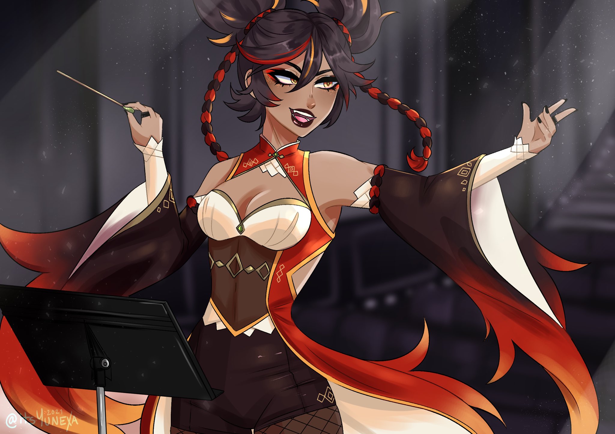 xinyan (genshin impact), genshin impact, highres, 1girl, alternate costume, back cutout, black eyeliner, black nails, black sleeves, breasts, brown hair, brown lips, cleavage, cleavage cutout, clothing cutout, conductor baton, dark-skinned female, dark skin, detached sleeves, eyeliner, fishnets, jewelry, lipstick, makeup, multicolored hair, music stand, nail polish, orange sleeves, red eyeliner, red sleeves, ring, see-through clothes, see-through midriff, shorts, streaked hair, twintails, twitter username, yellow eyes, yunexa